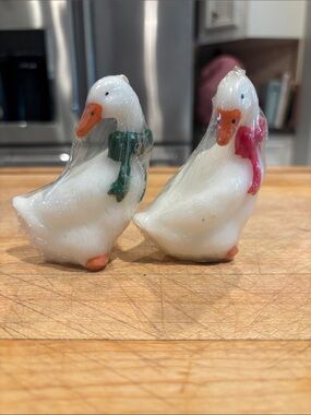 Vintage Holiday Goose Candles — White Geese with Red and Green Bows - Hong Kong